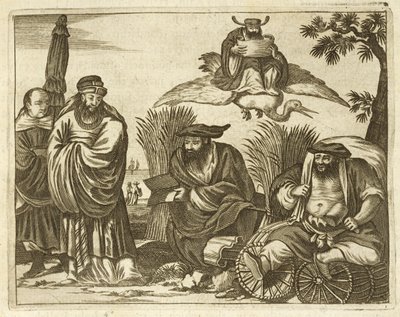 Mercanti cinesi che consultano indovini per garantire un viaggio sicuro, illustrazione da una descrizione delle ambasciate in Cina, 1690 da English School